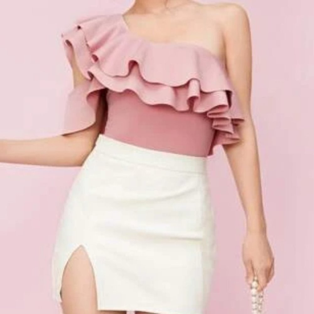 pink  One Shoulder Layered Ruffle Bodysuit - Picture 3 of 5